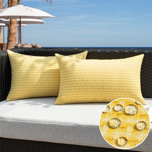 Kevin Textile Outdoor Waterproof Throw Pillow Covers Pack of 2 Boho Farmhouse Decorative Lumbar Cushion Covers for Garden Patio Tent Balcony Bench Couch Sofa 14x24 Inch, Yellow