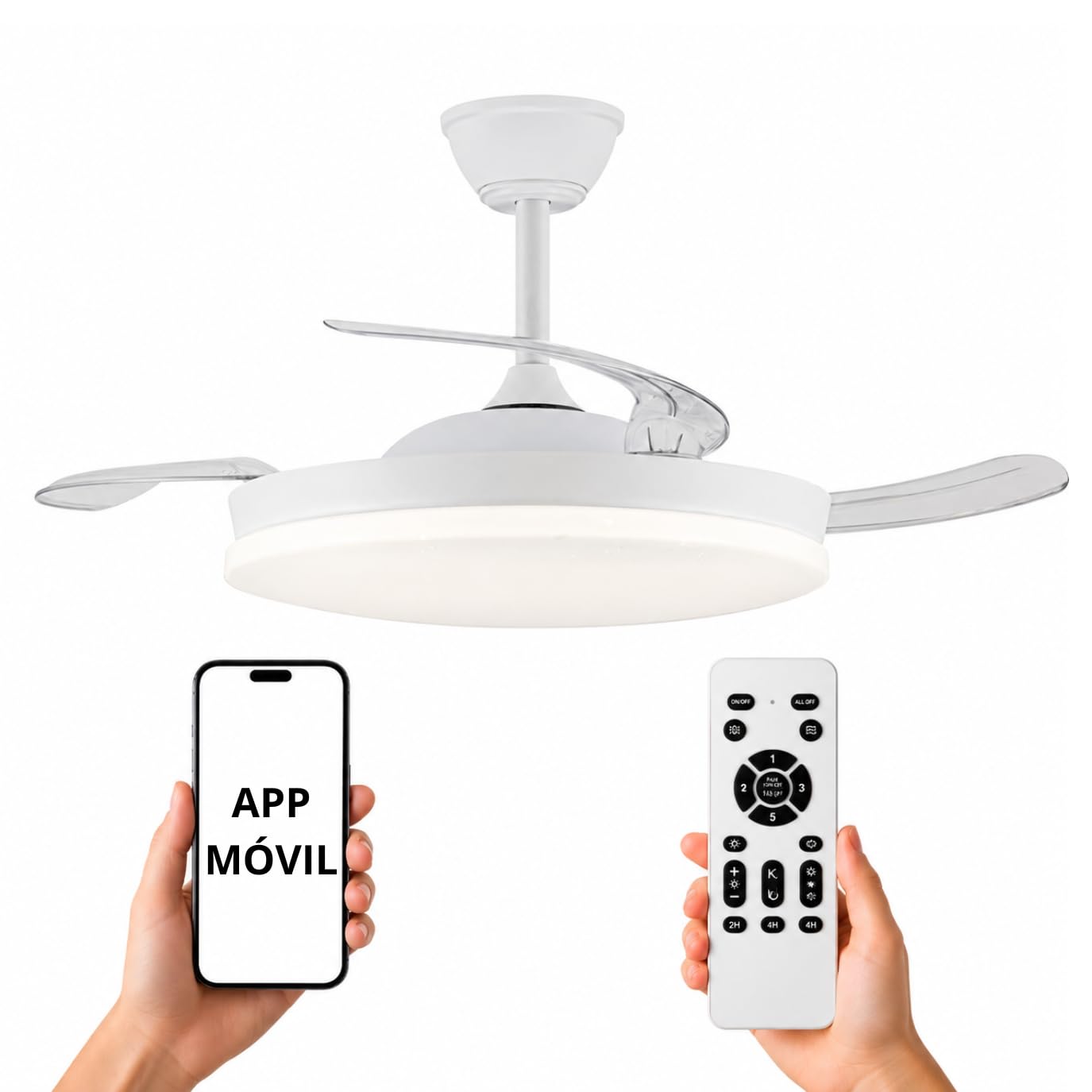 NARVI Ceiling Fan White, 3 Transparent Retractable Blades, DC Motor 30W, LED Light 45W Dimmable in Intensity and Colour (Tone), with Memory and Remote Control, REF RONDA 1661 WH