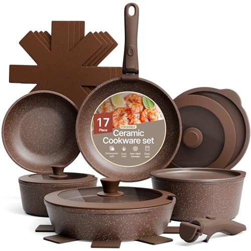 Bakken 17-Piece Ceramic Coated Aluminum Cookware Set, Nonstick Pots and Pans with Lids, Silicone Cooking Utensils & Oven Mitts, All Stovetop Safe Up to 500°F, PTFE & PFAS Free, Dishwasher Safe