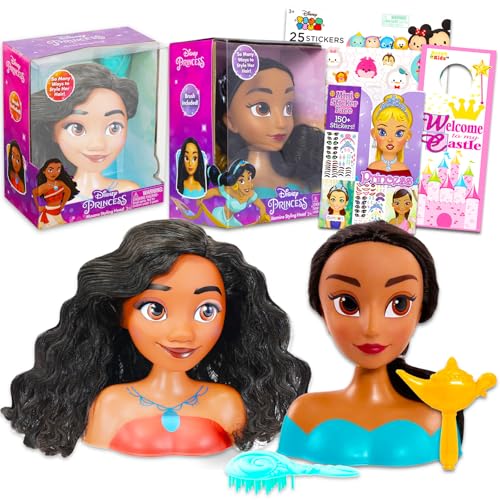 Disney Disney Prinzessinnen-Styling-Kopf-Puppen für Mädchen, 2 Stück, mit Jasmin und Vaiana-Spielköpfen mit Pinseln und Aufklebern, mehr | Disney Prinzessinnen-Haarstyling-Köpfe