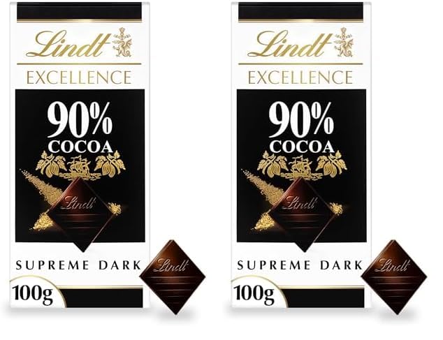 LindtEXCELLENCE Dark 90 Percentage Cocoa dark chocolate bar, 100 g (Pack of 2)