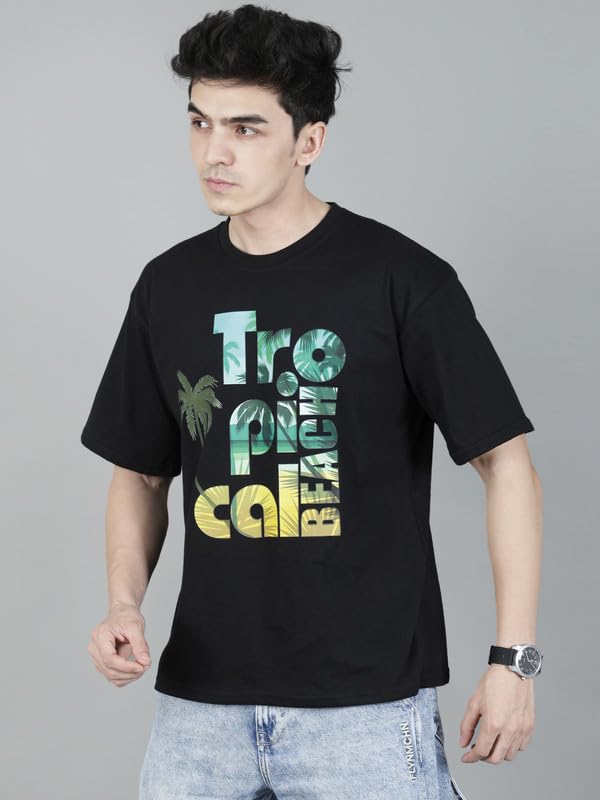 Image of London Hills Men's Cotton Oversized Fit Casual Printed Round Neck, Oversized Longline Drop Shoulder Boho Style T-Shirt