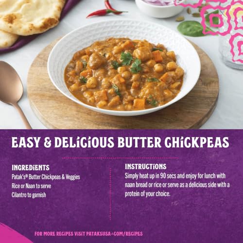 Image of Patak's Butter Chickpeas & Veggies, 10.05 Oz (Pack of 1) Mild Curry with Chickpeas, Spinach, Carrots, Ready to Heat Vegetarian Meals