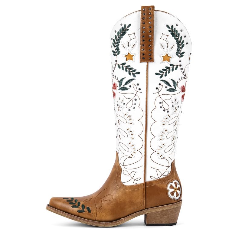 sexytag Womens Floral Embroidered Western Boots Knee High Studded Cowgirl Boots Side Zipper Contrast Cowboy Style Shoes