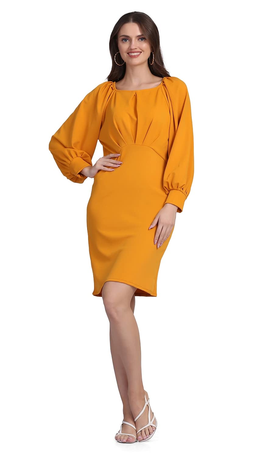 Shasmi Women's Comfortable Mustard Round Neck Full Sleeve Solid Midi Bodycon Casual Western Stylish Dress For Womens/Midi Dress For Girls (Shree Midi 15 Mustard M)