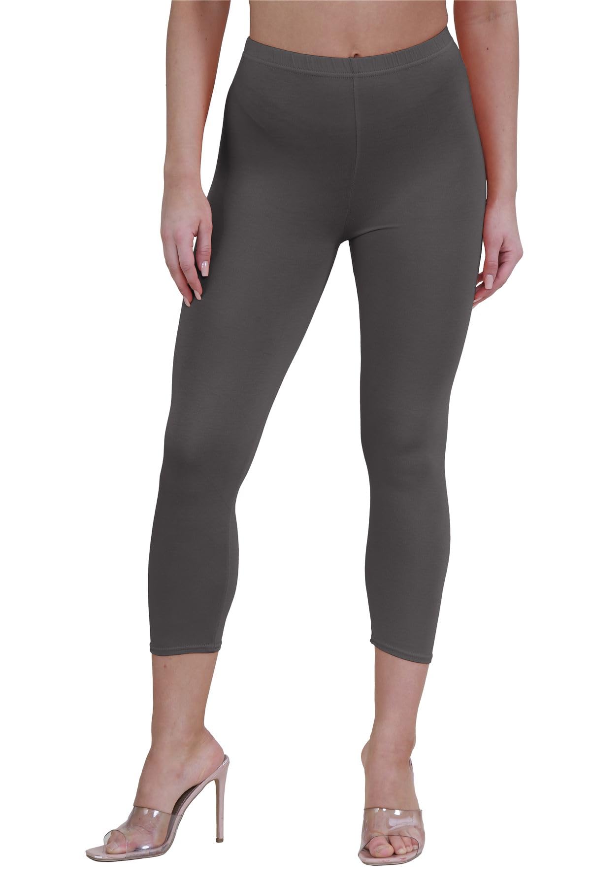 Janisramone Women's Charcoal New Plain Stretchy 3/4 Leggings Workout Tight Gym Cropped Capri Active Pants