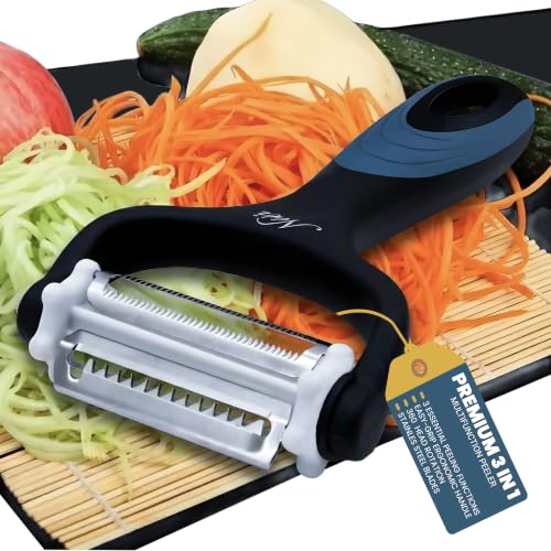 NEEZ 3 in 1 Vegetable Peeler - Fruit Apple Carrots Cucumbers Tomatoes and Potato Peeler for Kitchens - Rubber Handles Stainless Steel Julienne Peeler - Both Hands Y Peeler (Black)