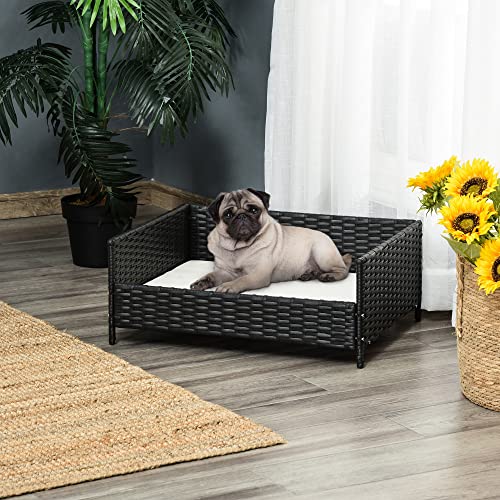 Pawhut Rattan Pet Bed Raised Wicker Dog House Small Animal Sofa Indoor & Outdoor With Soft Washable Cushion Black #TOP29