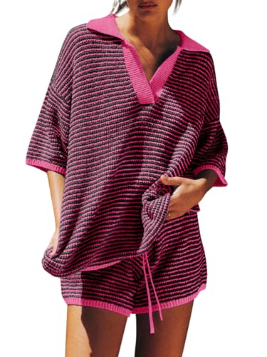 Image of Tankaneo Womens Sweater Set 2 Piece Outfits Oversized 3 /4 Sleeve V Neck Knit Tops High Waisted Shorts Lounge Sets