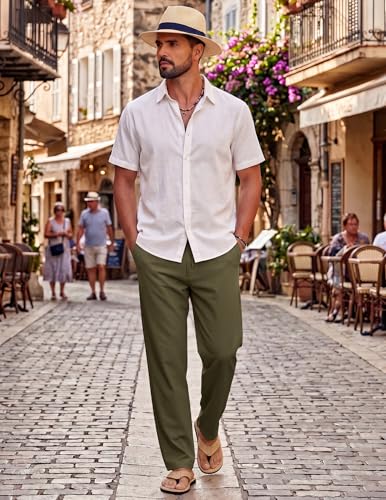 Image of COOFANDY Mens Cotton Linen Pants Casual Drawstring Summer Beach Pants Lightweight Linen Dress Trousers