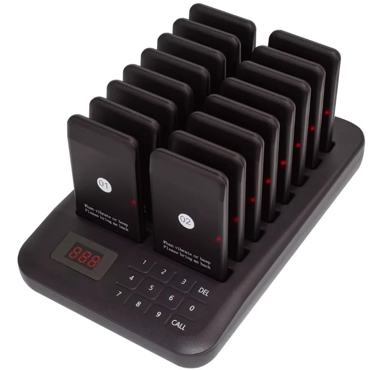 Restaurant Pager System, Wireless Guest Paging System with 16 Coaster Pagers, Touch Screen Keyboard, Vibration, Buzzer, Beep & Flash Alerts, Customer Queue Calling System, Waiter Calling System-image-43