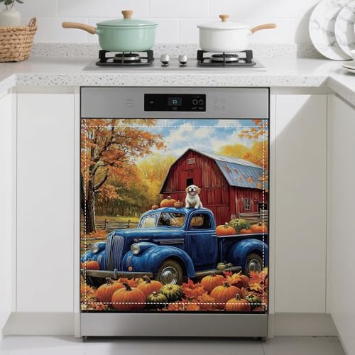 Image of Dishwasher Magnet Cover,Blue Truck Dishwasher Cover Magnetic Pumpking Leaves Home Appliances Refrigerator Decorative 23 inch x 26 inch