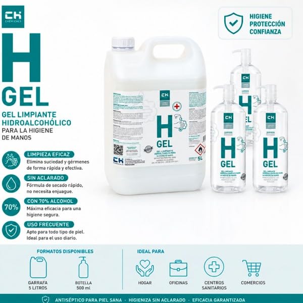 CH QUIMICA502481 H-GEL 5L. Gel hidroalcohólico desinfectante antiséptico para piel sana.
