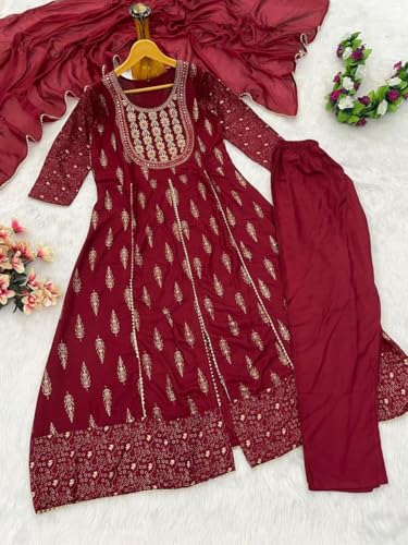 Image of Rayon Nayra Cut Embroidered Kurti Pant Set with Dupatta|Elegant Ethnic Wear for Party and Festive Occasions