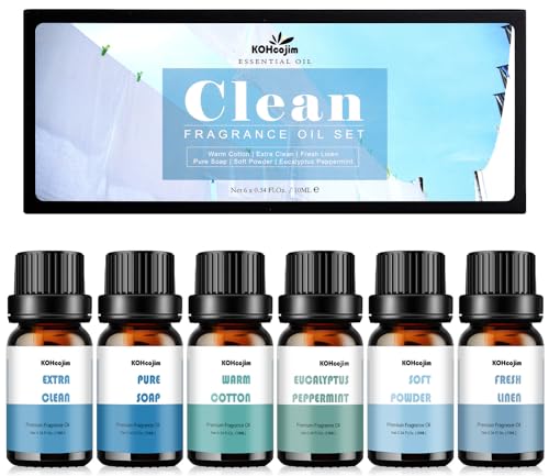 Essential Oils Set, Fragrance Oil Clean Scents Essential Oils for Diffuser Aromatherapy Oils 6x10ml - Eucalyptus Peppermint, Fresh Linen, Pure Soap, Warm Cotton, Extra Clean, Soft Powder Scented Oils
