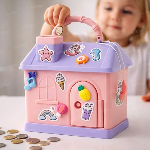 Image of Zest 4 Toyz Kids Piggy Bank with Key and Stickers Mini House Design Lockable Money Bank Portable Money Saving Box for Children Cute Design - Multi Color