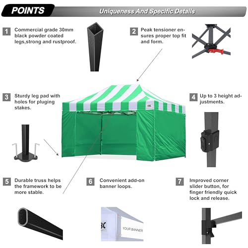Image of ABCCANOPY Heavy Duty Easy Pop up Canopy Tent with Sidewalls 10x15,Strip Green