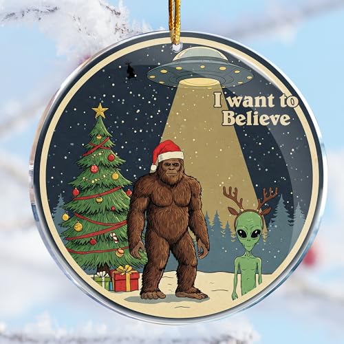 Bigfoot and Alien UFO - I Want to Believe 6 - Bigfoot Christmas Ornament Decorations - Sasquatch Christmas Ornament - Alien Gifts Decor - Christmas Ornaments - Christmas Decorations - Funny Gag Gifts