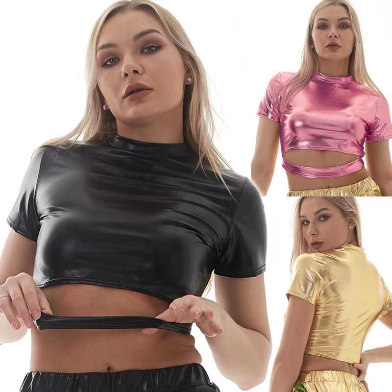Women's Tight Shiny Tops Spring Patent Leather Hollow Short Tops Belly-Baring