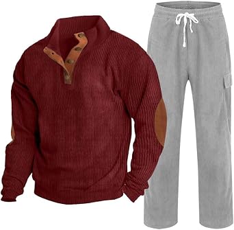 Corduroy Track Suit Men 2 Piece Casual Vintage Loose Long Sleeve Henley Shirts and Drawstring Straight Sweatpants Sets