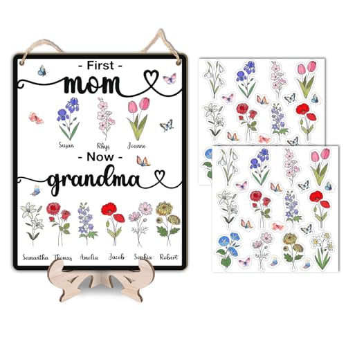 Personalized First Mom Now Grandma Garden Wooden Plaque with Kids Name Custom Birth Month Flower Family Name Sign Home Decor Birthday Mothers Day Gift for Mom Grandma from Kid Daughter Son Grandkids