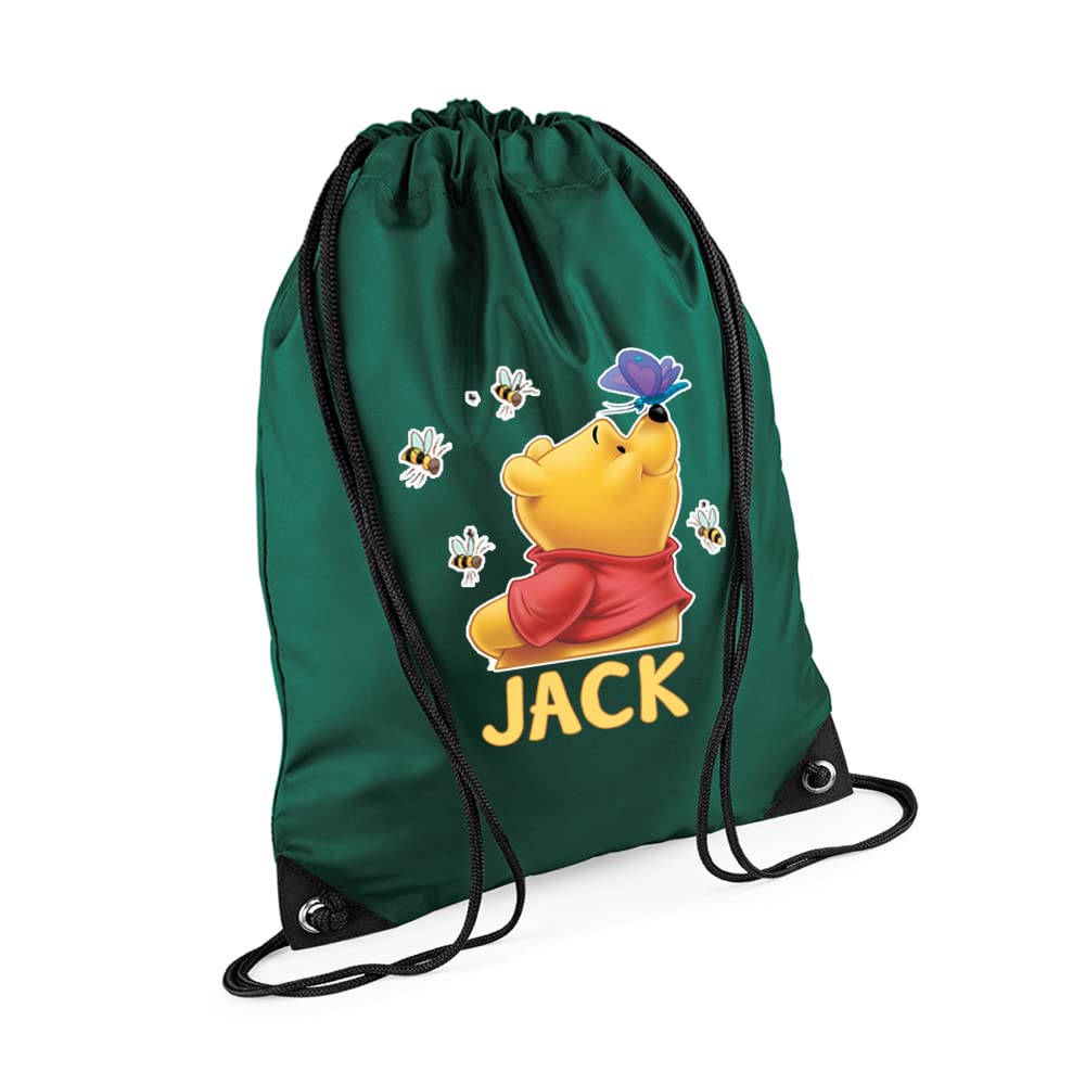 The Pooh With Butterfly Backpack Cartoon Character, Personalised Bag, Bag For Friend, Birthday Drawstring Bag, PE Gym Kit Swimming, Sport Rucksack. (Bottle Green)