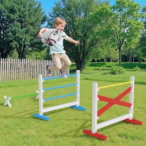 Hobby Horse Hindernisse Set aus Massivholz Steckenpferd Parcours mit 2 Sprüngen & 1 Hürde höhenverstellbar Hobby Horsing Zubehör für Kinder Indoor/Outdoor Spiel & Training