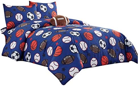 WPM Kids Collection Bedding 4 Piece Blue Twin Size Comforter Set with Sheet Pillow sham and Plush Football Pillow Soccer Baseball Basketball Fun Sports Design (Football, Twin Comforter)