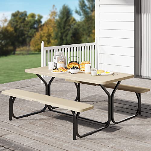 Yitahome Picnic Table Heavy Duty Outdoor Picnic Table And Bench With Weather Resistant Resin Tabletop & Stable Steel Frame For Yard Patio Lawn Party Light Brown #TOP22