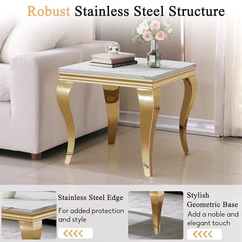 Image of Luxury Marble Side Table, Square End Table with Faux Marble Tabletop & Gold Stainless Steel S Legs, Modern Sofa Side Table for Living Room, Bedroom, Home Decor