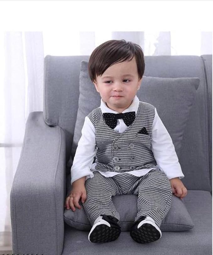 Dsnsenterprize Kids Boys Solid Hosiery Cotton Long Sleeve Collared Neck Ethnic Wear Shirt,Pant Coti with Bow Tie (DSNS_10134) (WHITE&GRAY, 2-3-YEAR) 2