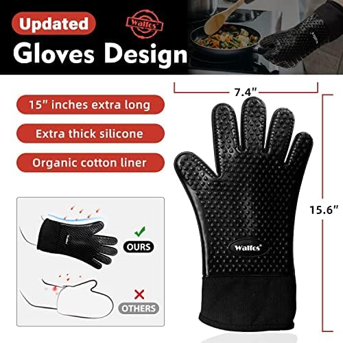 Walfos Silicone oven Gloves, Heat Resistant Silicone Oven Mitts BBQ Gloves, Premium Non-Slip Silicone Internal Protective Cotton Layer, Waterproof, Great for Grilling, Kitchen, Cooking(black)