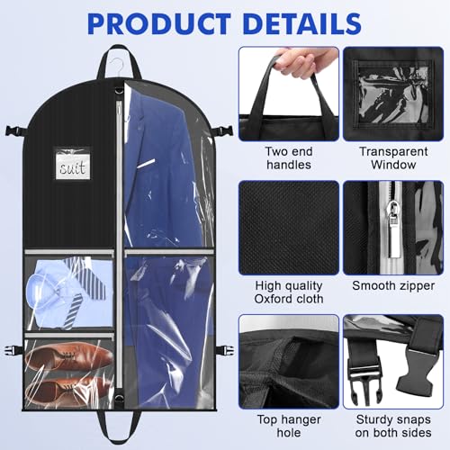 Hejo Kleidersack mit Fächern, Anzugtasche, 110×60cm Mehrfach-Taschen Faltbar Kleiderbeutel, Staubdichte Anzug Schutzhülle mit 5 Klare Taschen, Garment Bag für Anzug Mantel Jacke Kleid (Schwarz)