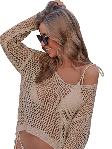 Jumppmile Women's Crochet Beach Cover Up Long Sleeve Swimwear Knitted Bikini Bathing Suit Cover Up