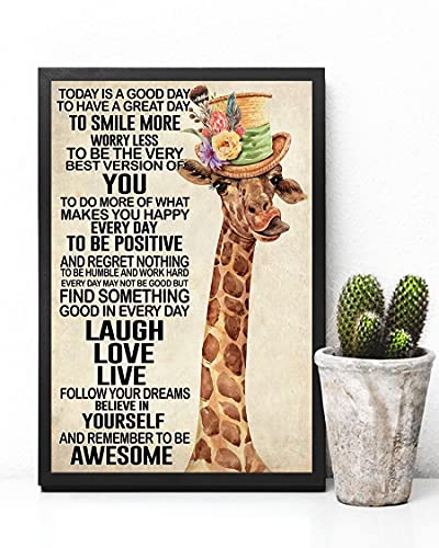 Retro Metal Tin Sign Giraffe- Today is A Good Day to Smile More Worry Less Metal Sign Retro Home Bathroom Posters Fun Garage Street Plaque for Family Cafe Bar Farm Country Art Wall Decor 8x12inch