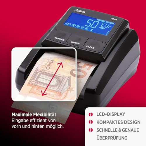 Olympia NC 375 Geldprüfgerät | Geldscheinprüfer mit IR, MG, UV Sensoren | Geldzähler für Euro, Dollar, Pfund | Falschgeld Prüfer | Hohe Prüfgeschwindigkeit | Geldprüfgerät für Scheine | LCD Display