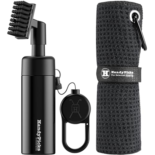 Handy Picks Golf Club Cleaner with Water Bottle Holds 5.5 OZ, Heavy Duty Metal Retractable Magnetic Clip, Waffle Microfiber Golf Towel, Ideal Water Brush Combo