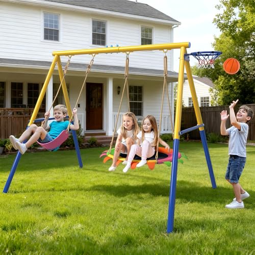 Image of 440lbs Metal Swing Sets for Backyard, 2 Seat Outdoor Kids Playset with Saucer, 40 Inch Saucer Swing, A-Frame Metal, Belt Swing and Basketall Hoop, Playset for Children Outdoor Fitness