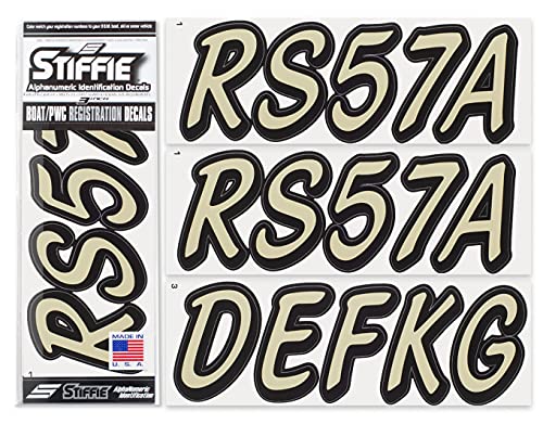 Image of STIFFIE Whipline Solid Sand /Black 3 inch Alpha-Numeric Registration Identification Numbers Stickers Decals for Boats & Personal Watercraft