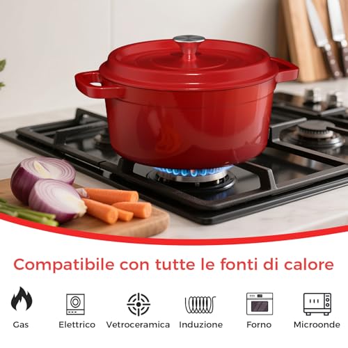 YASHE Pentola in Ghisa con Coperchio, Casseruola Antiaderente, Forno Olandese Smaltato Rotondo per Zuppe, Stufati e Cottura al Forno, Rossa - immagine 3