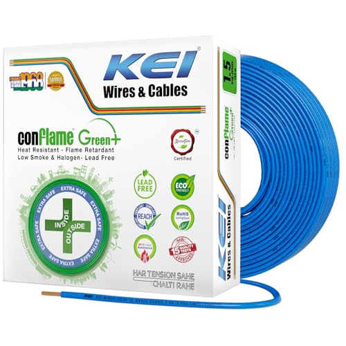 Image of KEI CONFLAME GREEN PLUS 1.5 sqmm 1 Core, 99.97% Pure Copper Conductor,FRLSH - Lead Less Insulation House Wire Suitable for Domestic & Industrial Electrical Wiring (Blue, 180 Meters)