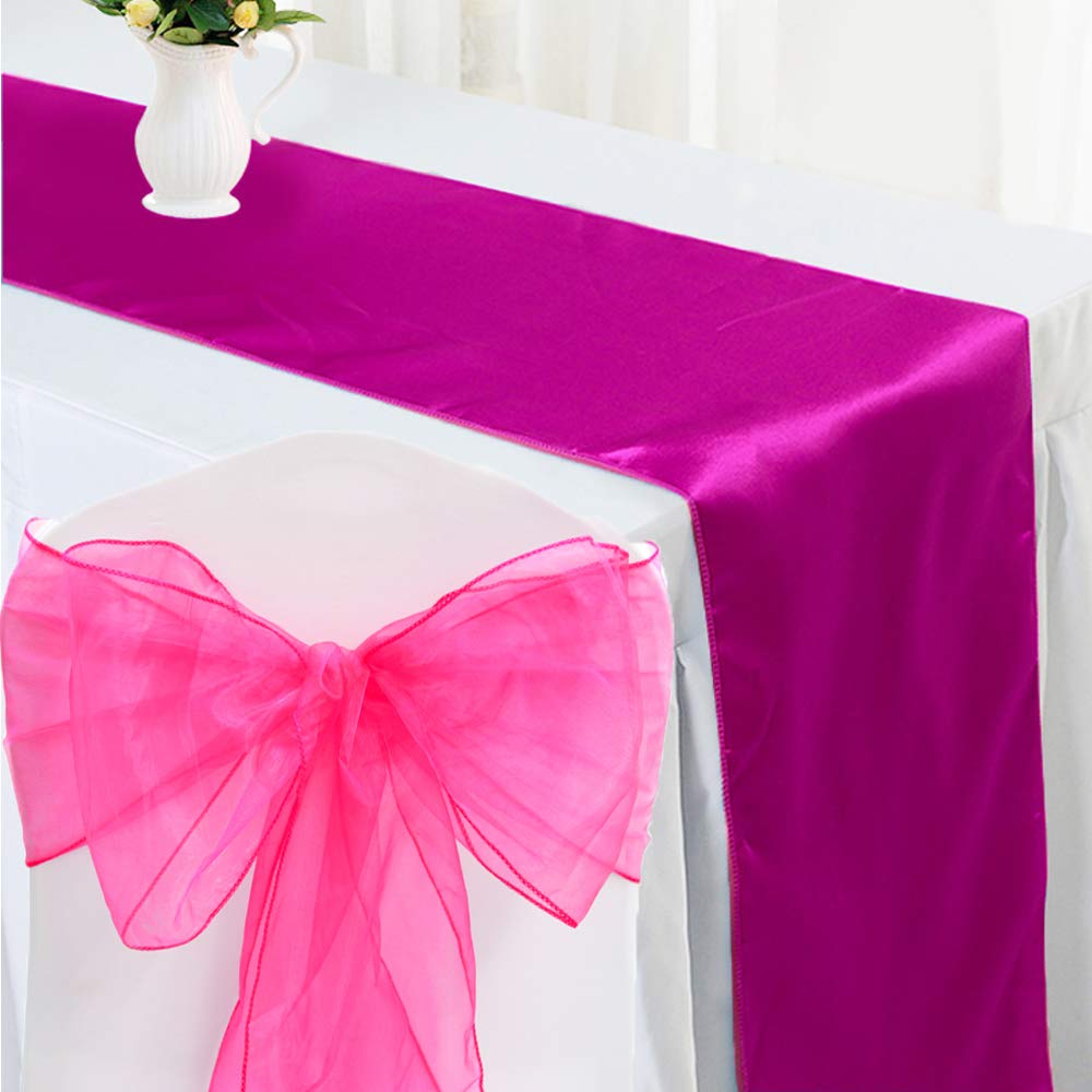 Time to Sparkle 100pcs Organza Chair Sashes Bows + 10pcs Satin Table Runner Wedding Party Decoration, Sash+Runner Fuchsia