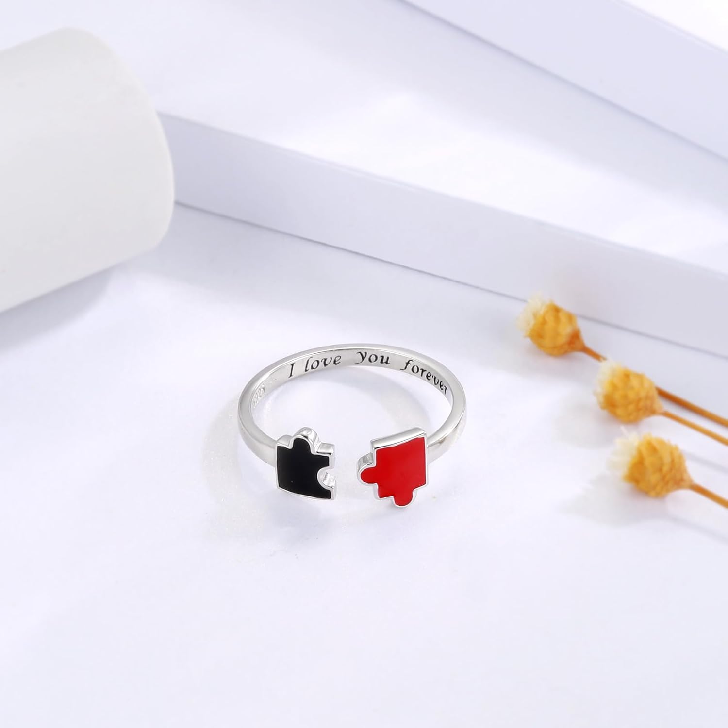 APOTIE Sterling Silver Jigsaw Puzzle Ring - Adjustable Love Autism Awareness Jewelry Gifts for Women