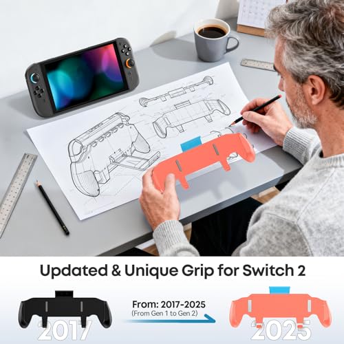 Image of OIVO Grip Compatible with Nintendo Switch 2, Switch 2 Ergonomic Grip Case with Adjustable Stand, Comfort Game Accessories with 5 Game Card Slots and 4 Thumb Caps, Orange Blue