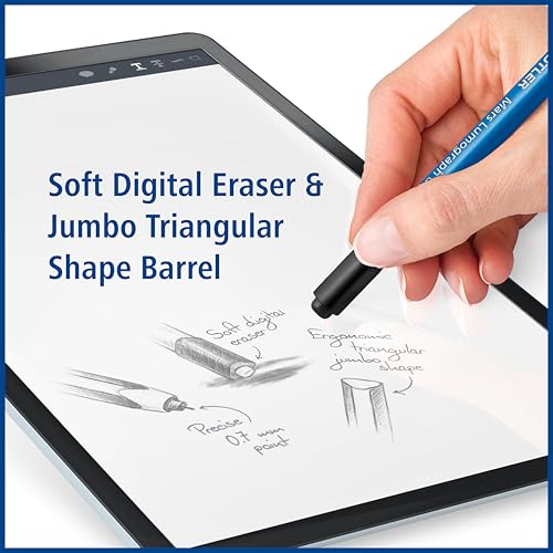 Image of STAEDTLER Lumograph Jumbo Digital Stylus Pen with Eraser for Touchscreens: No Charging, Thick Triangular Barrel for Comfort, Works with Samsung Galaxy Tab, Kindle Scribe & More, With Replacement Nibs