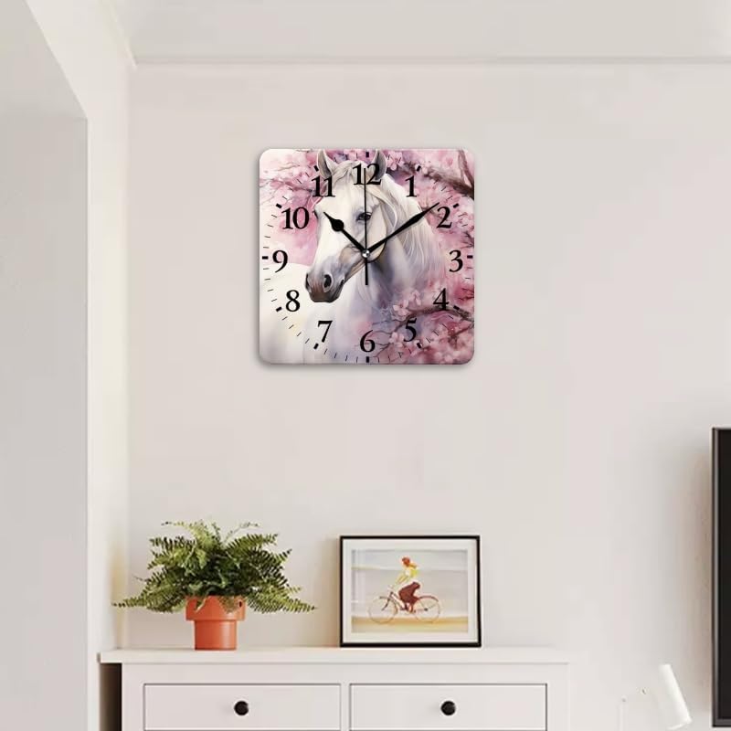 Quartz Wall Clocks Non-Ticking Silent Battery Operated Modern Wall Clocks Decorative for Home,Bedroom-Watercolor Painting of Beautiful White Horse Under Cherry Blossom Tree(14inch)