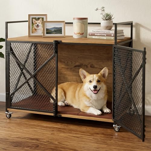 PetsCosset 31.2" L Heavy Duty Dog Crate Furniture with Cushion, Wood Indoor Dog Crate Kennel End Table Indoor Double Door Kennel with Lockable Wheels, Decorative Dog Houses Table for Small/M