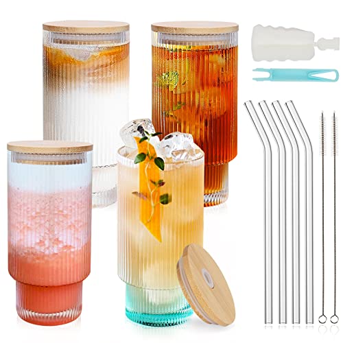 Uhapeer 12Oz Ribbed Drinking Glasses With Bamboo Lids And Straws Set Of 4, Ribbed Glassware Ribbed Glass Cups Vintage Glassware, Iced Coffee Glasses, Ribbed Wine Glasses For Cocktail, Juice, Smoothie #TOP7