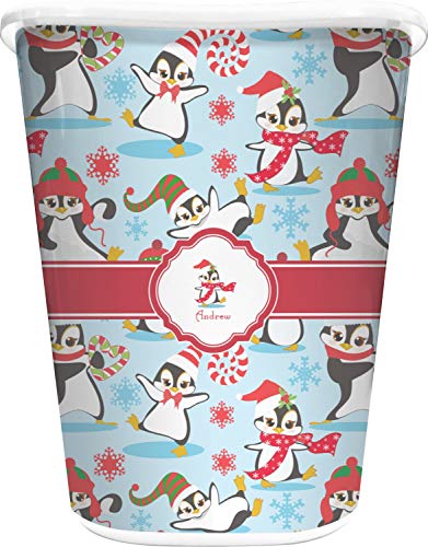 RNK Shops Personalized Christmas Penguins Waste Basket - Double Sided (White)