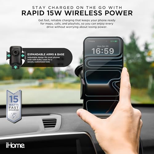 Image of iHome Car Mount, Dashboard /Windshield /Vent Mount, Swivel Neck, Silicone Grip, Adjustable Mount Arm with Suction Cup Base (Wireless Charging Car Mount)